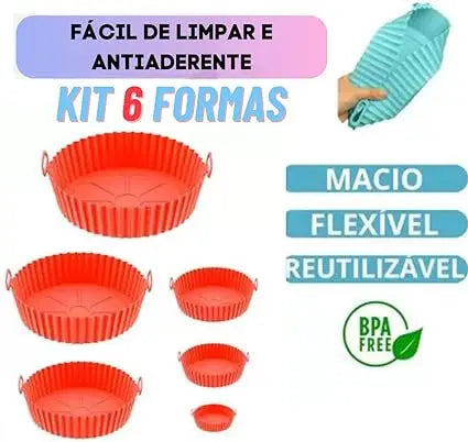 Kit Com 6 Formas Reutilizável Cesta Redonda de Silicone Para Air Fryer Fritadeira Eletrica Universal Para Todos Os Modelos Reutilizável Antiaderente Com Alça Para Forno E Microondas
