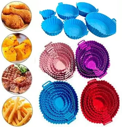 Kit Com 6 Formas Reutilizável Cesta Redonda de Silicone Para Air Fryer Fritadeira Eletrica Universal Para Todos Os Modelos Reutilizável Antiaderente Com Alça Para Forno E Microondas