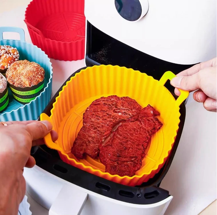 Kit Com 6 Formas Reutilizável Cesta Redonda de Silicone Para Air Fryer Fritadeira Eletrica Universal Para Todos Os Modelos Reutilizável Antiaderente Com Alça Para Forno E Microondas